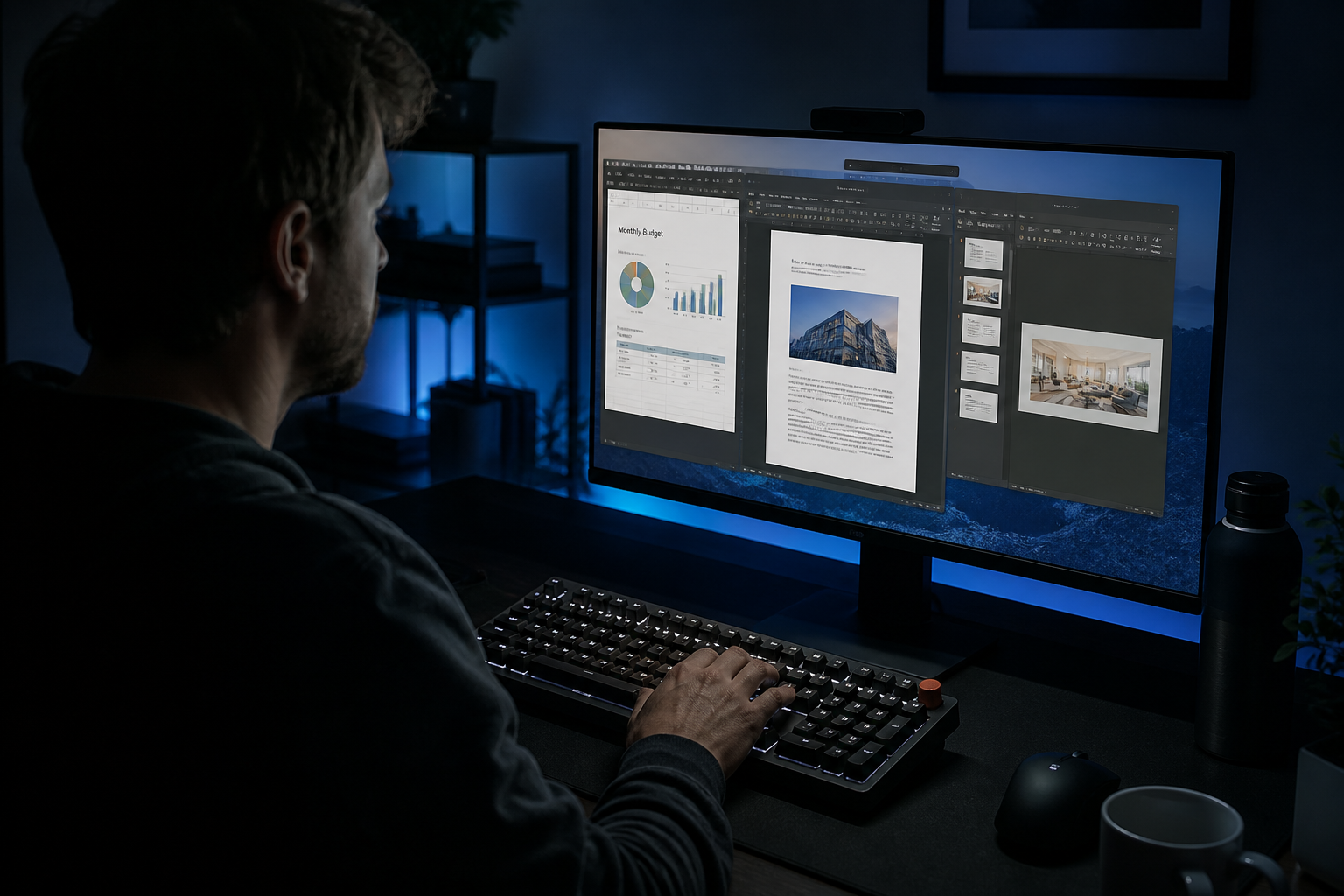 メカニカルキーボードのある暗い机のLinux利用者